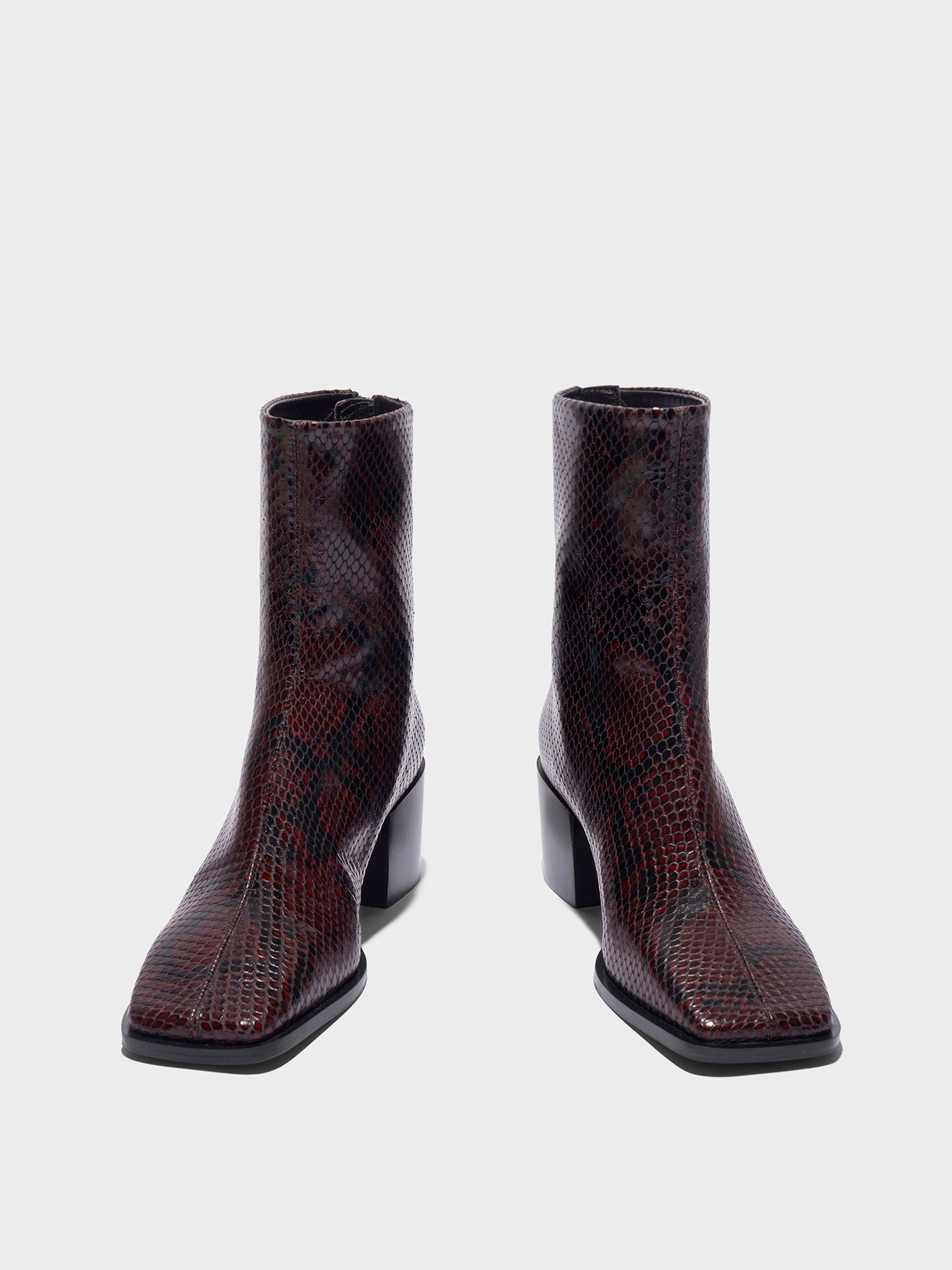 Aeyde | Amina Leather Ankle Boots Leather Ankle Boots for Women | Port Snake | Square Toe | Mid Heel | Front View
