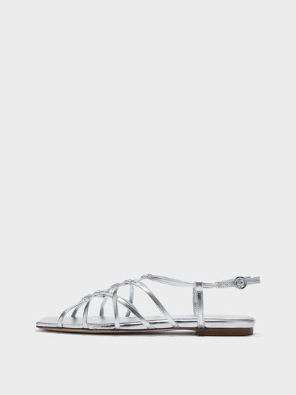 Aeyde | Anisa Leather Flat Sandals for Women | Silver Nappa | Square Toe | Flat Heel | Side View