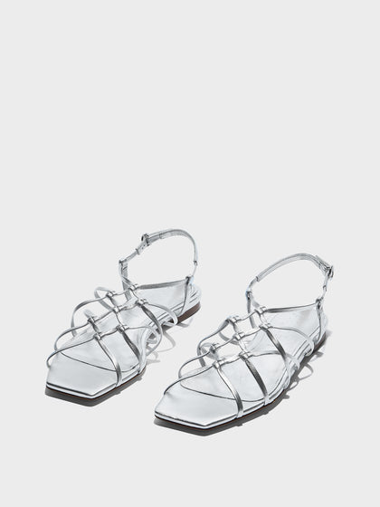 Aeyde | Anisa Leather Flat Sandals for Women | Silver Nappa | Square Toe | Flat Heel | Luxury Materials | Handmade in Italy