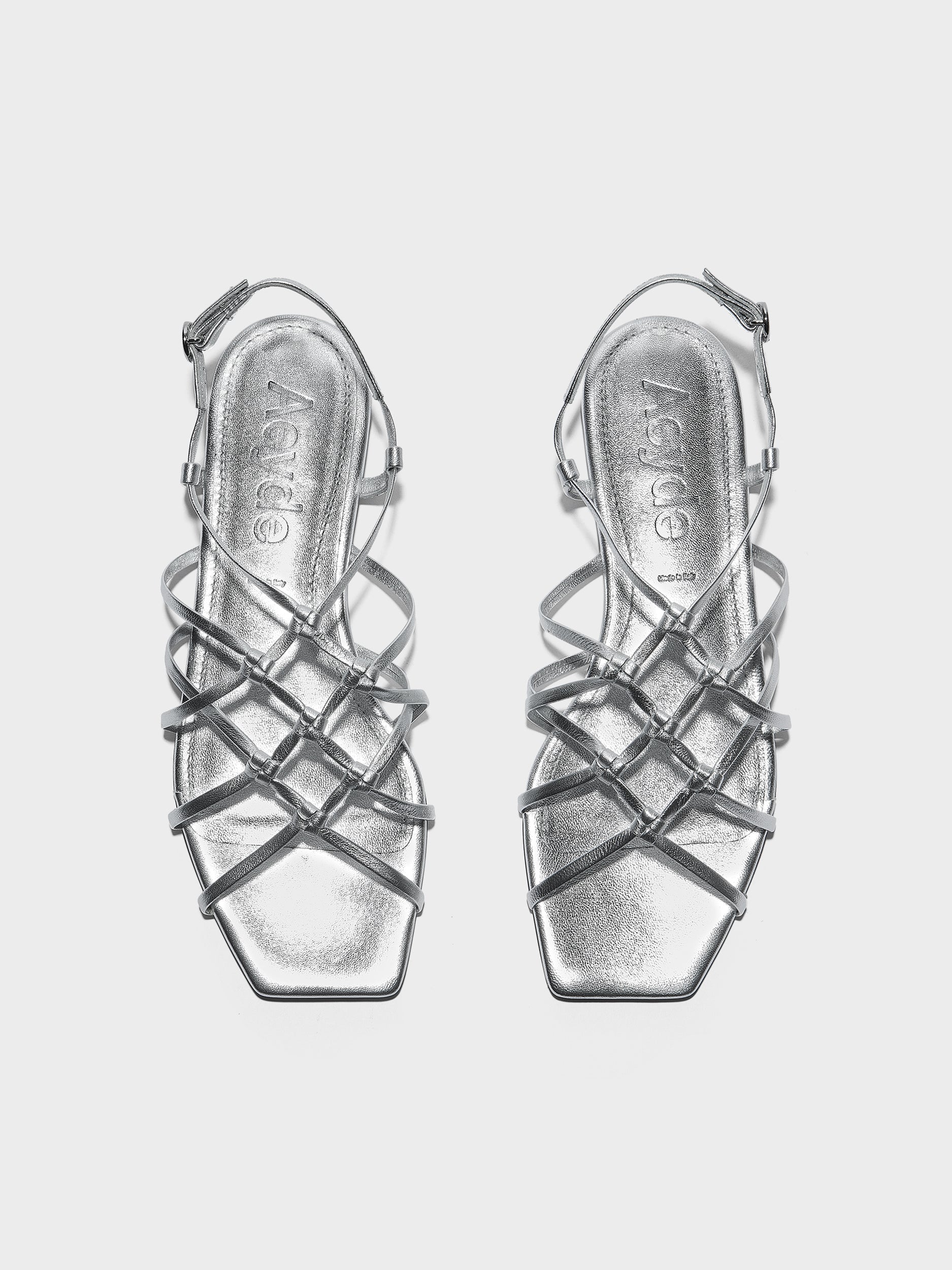 Aeyde | Anisa Leather Flat Sandals for Women | Silver Nappa | Square Toe | Flat Heel | Front View