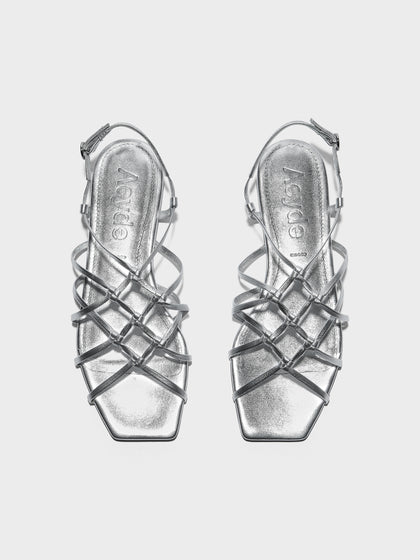 Aeyde | Anisa Leather Flat Sandals for Women | Silver Nappa | Square Toe | Flat Heel | Front View