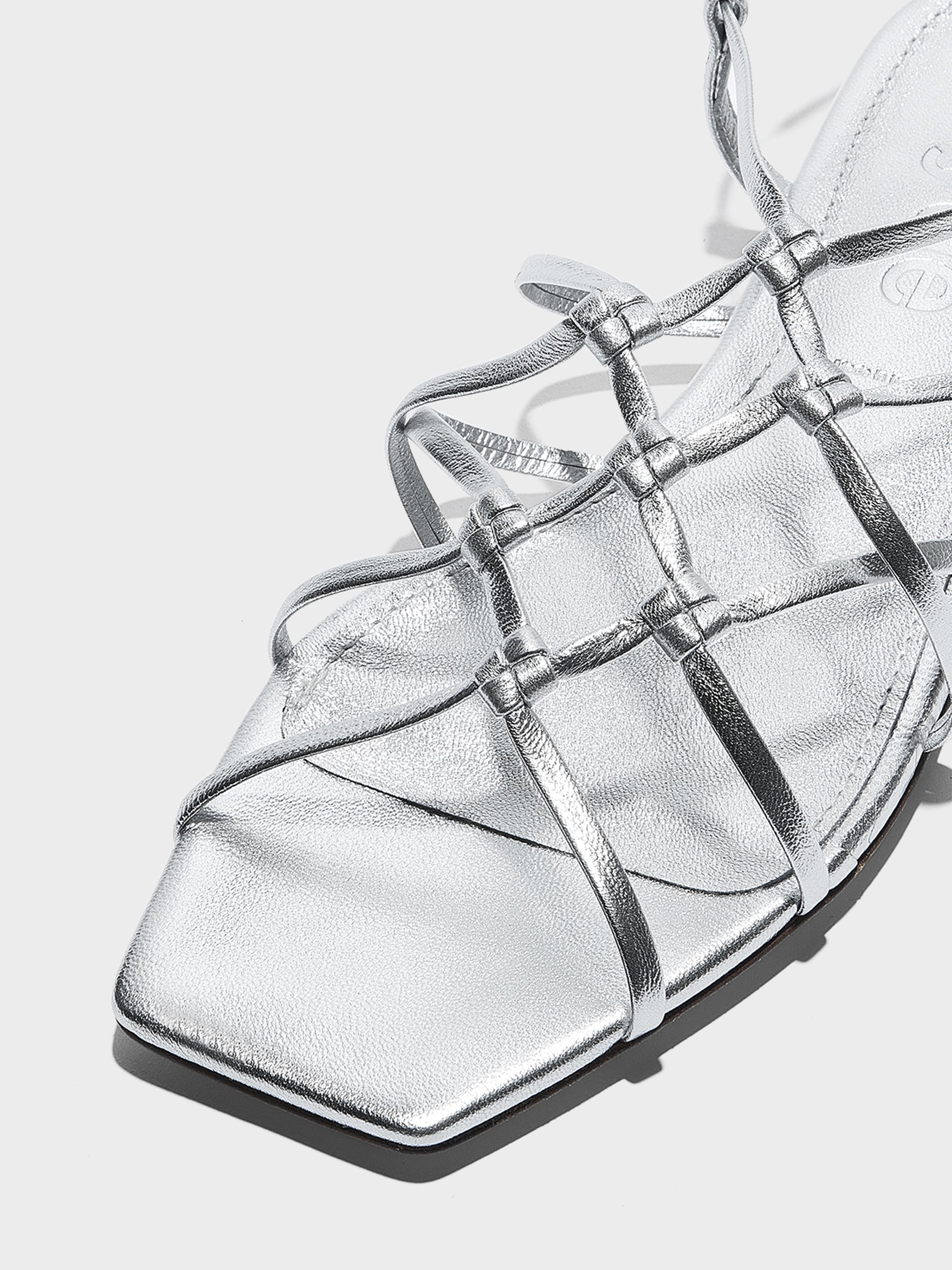Aeyde | Anisa Leather Flat Sandals for Women | Silver Nappa | Square Toe | Flat Heel | Heel Details