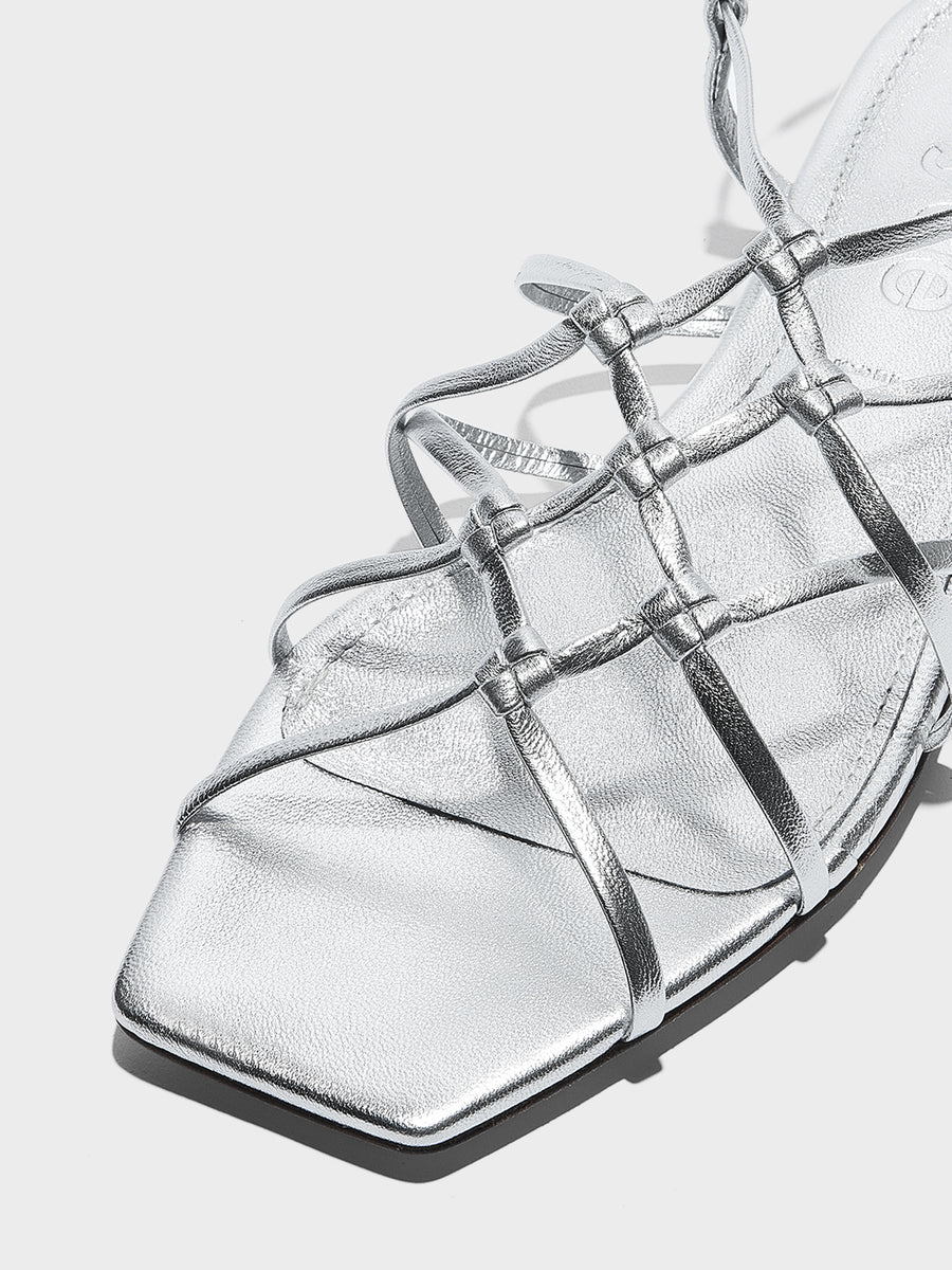 Aeyde | Anisa Leather Flat Sandals for Women | Silver Nappa | Square Toe | Flat Heel | Heel Details