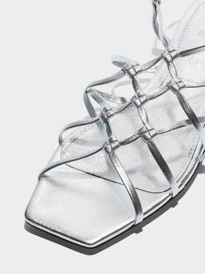 Aeyde | Anisa Leather Flat Sandals for Women | Silver Nappa | Square Toe | Flat Heel | Heel Details