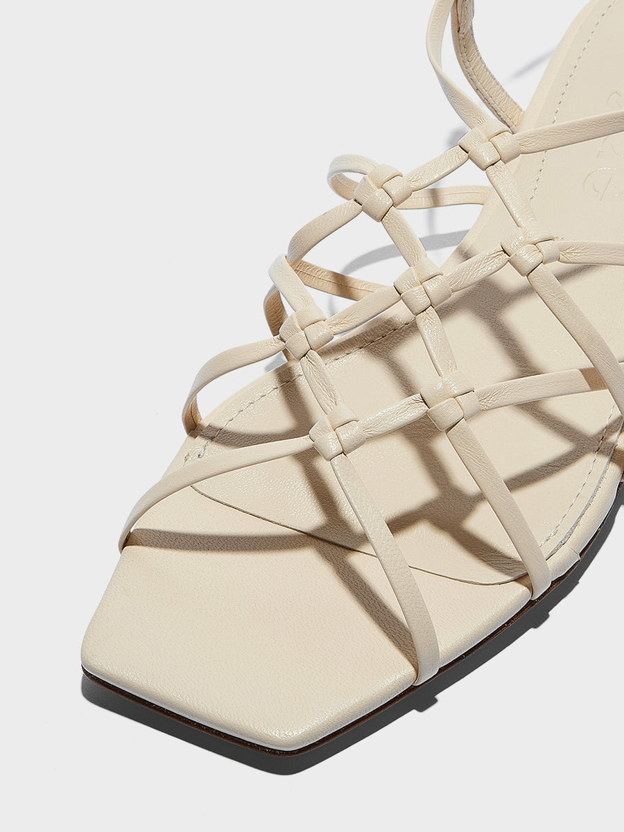 Aeyde | Anisa Leather Flat Sandals for Women | Creamy Nappa | Square Toe | Flat Heel | Heel Details
