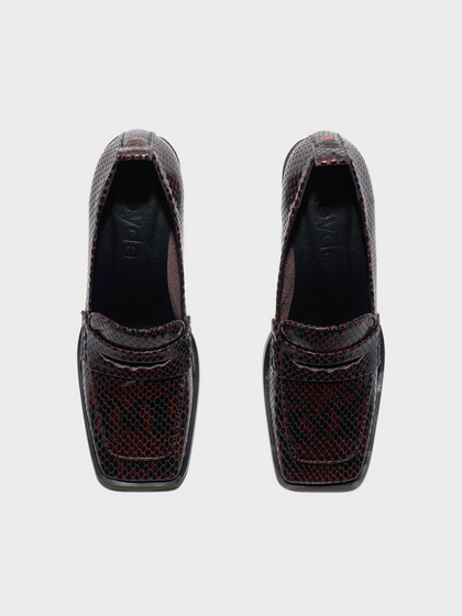 Aeyde | Anka Block-Heel Loafers Leather Pumps for Women | Port Snake | Square Toe | Mid Heel | Front View