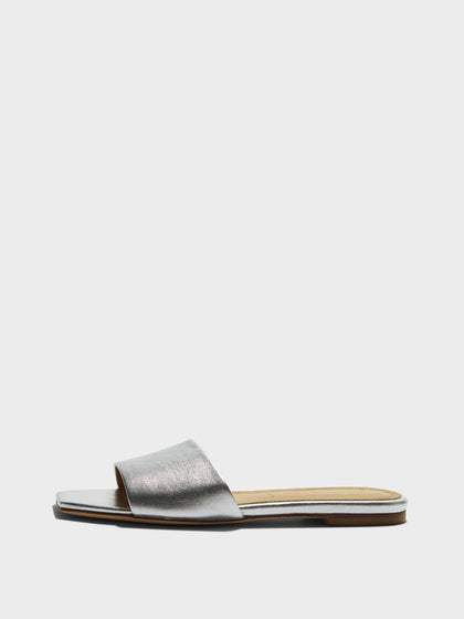 Aeyde | Anna Leather Flat Sandals for Women | Silver Nappa | Square Toe | Flat Heel | Side View