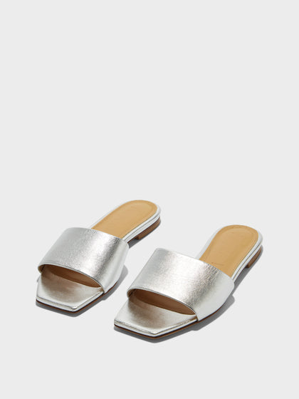 Aeyde | Anna Leather Flat Sandals for Women | Silver Nappa | Square Toe | Flat Heel | Luxury Materials | Handmade in Italy