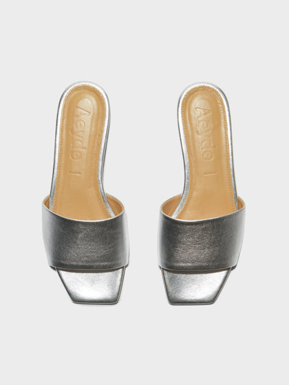 Aeyde | Anna Leather Flat Sandals for Women | Silver Nappa | Square Toe | Flat Heel | Heel Details
