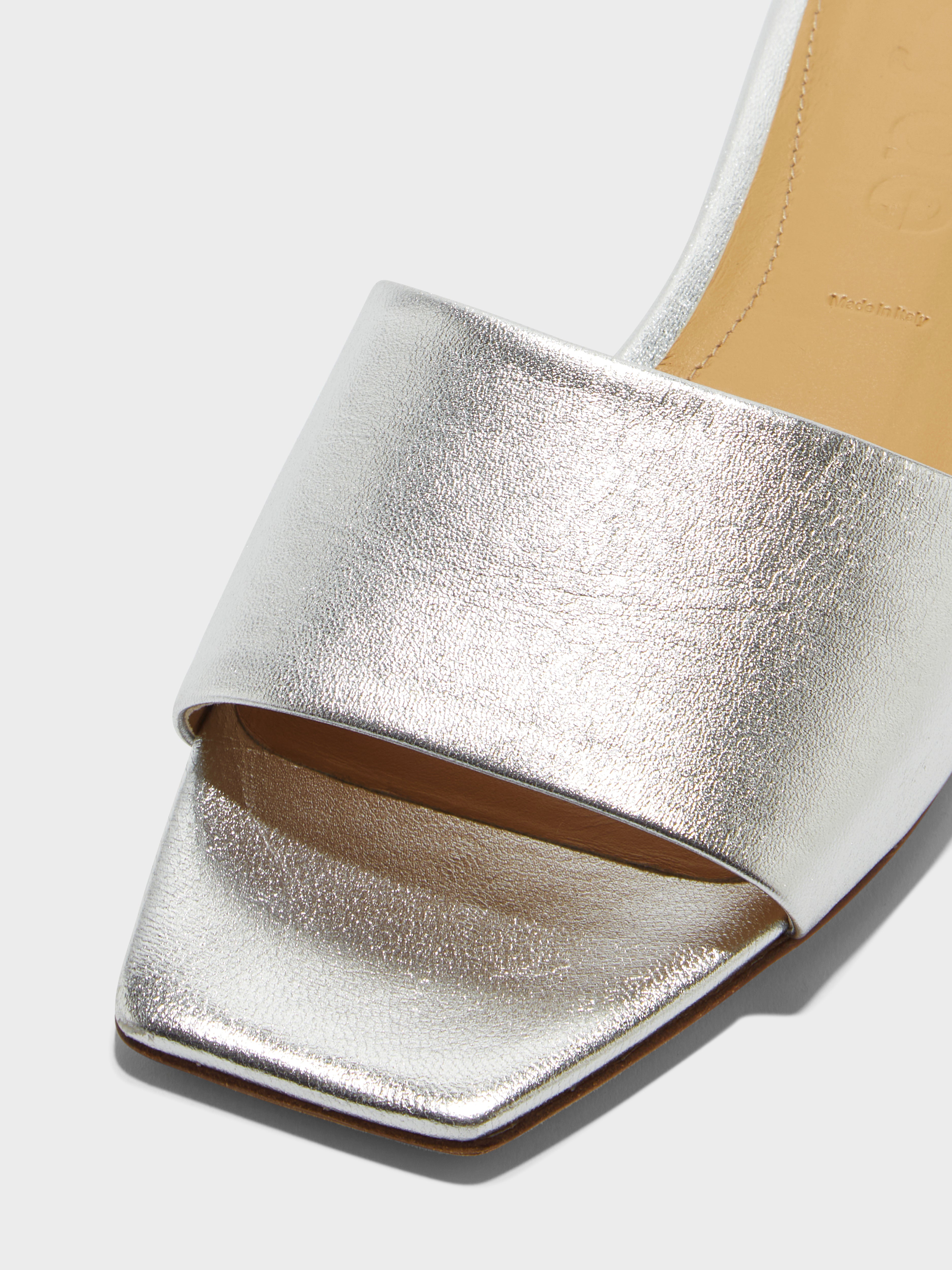 Aeyde | Anna Leather Flat Sandals for Women | Silver Nappa | Square Toe | Flat Heel | Front View