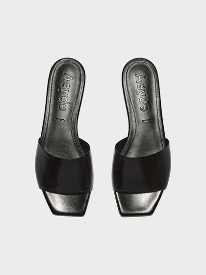Aeyde | Anna Leather Flat Sandals for Women | Black Nappa | Square Toe | Flat Heel | Front View