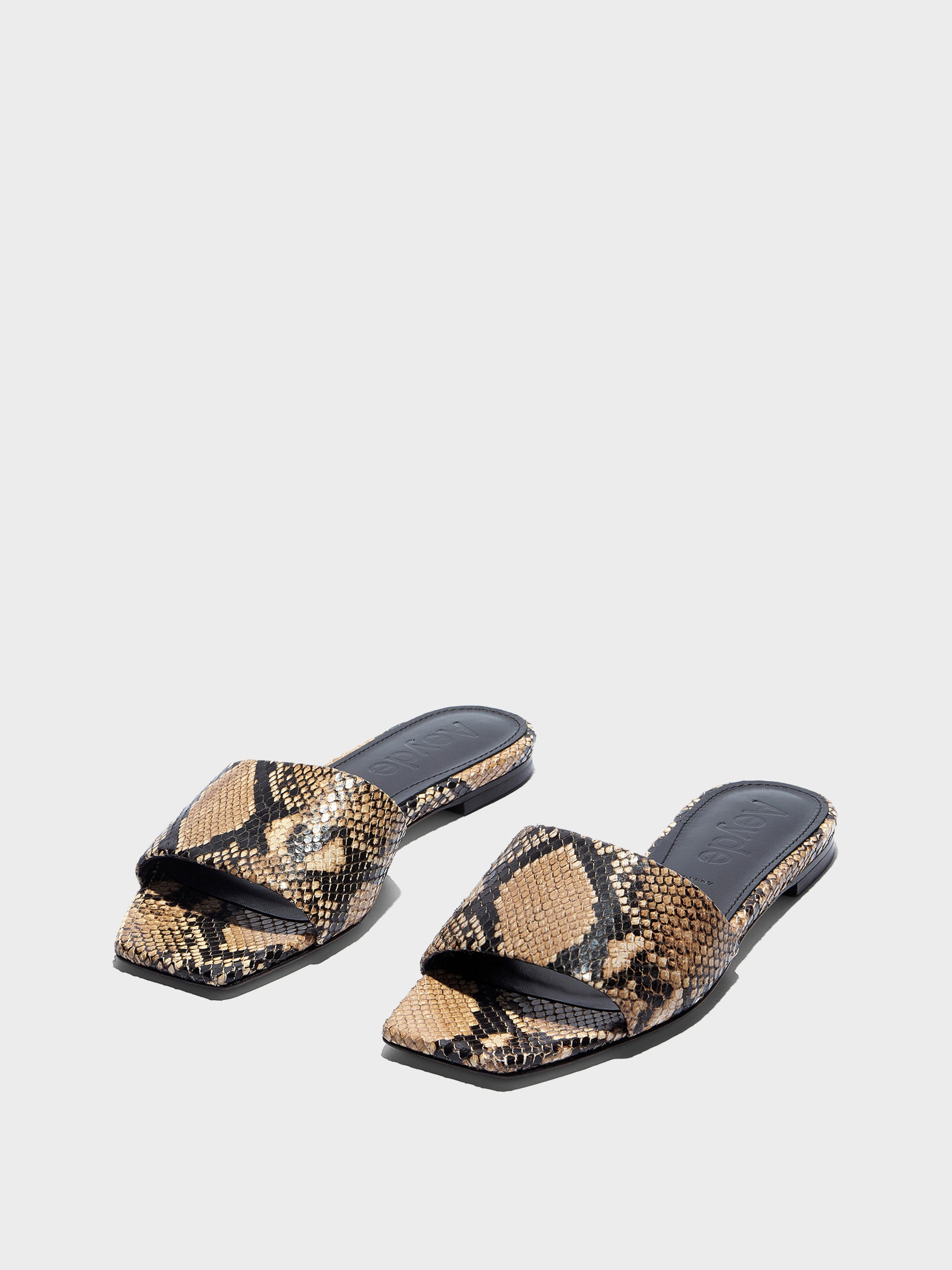 Aeyde | Anna Leather Flat Sandals for Women | Hazelnut Snake | Square Toe | Flat Heel | Luxury Materials | Handmade in Italy