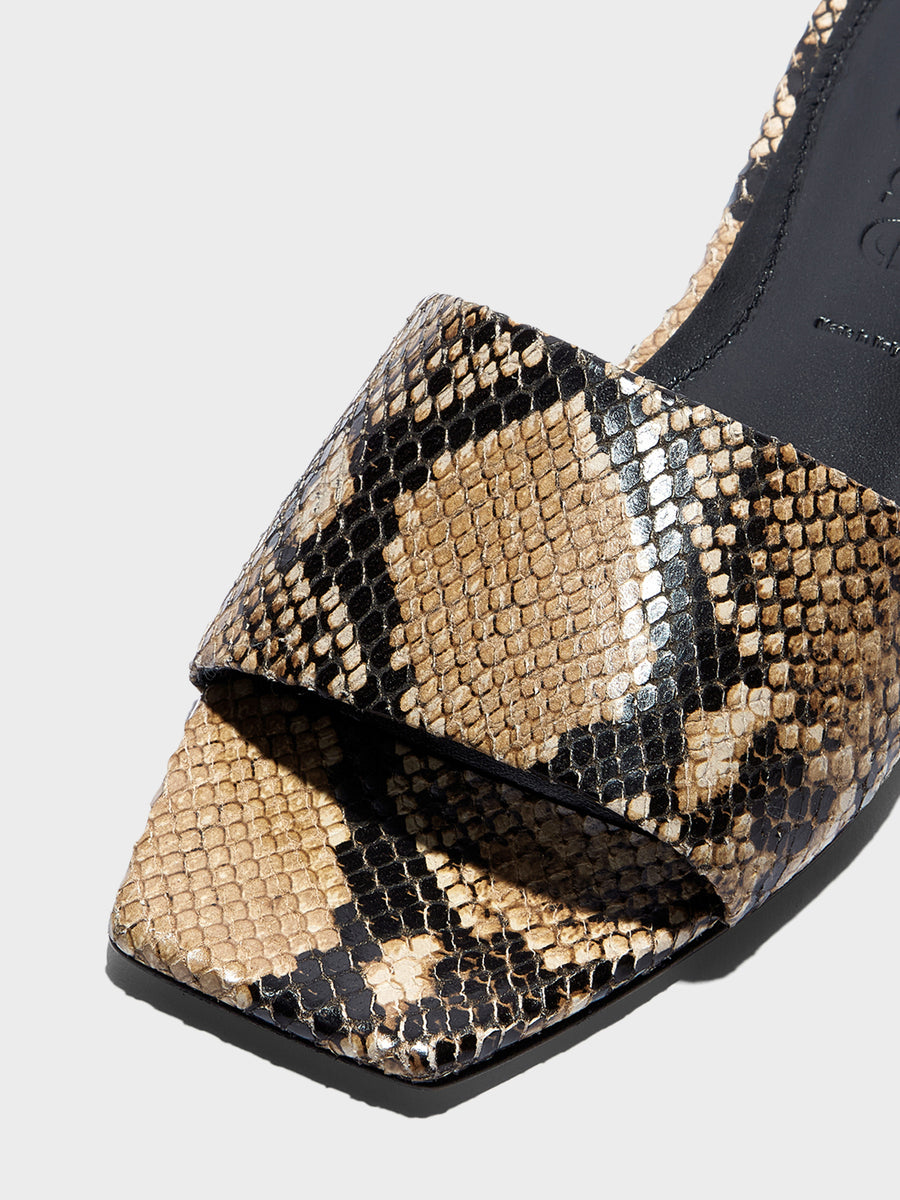Aeyde | Anna Leather Flat Sandals for Women | Hazelnut Snake | Square Toe | Flat Heel | Heel Details