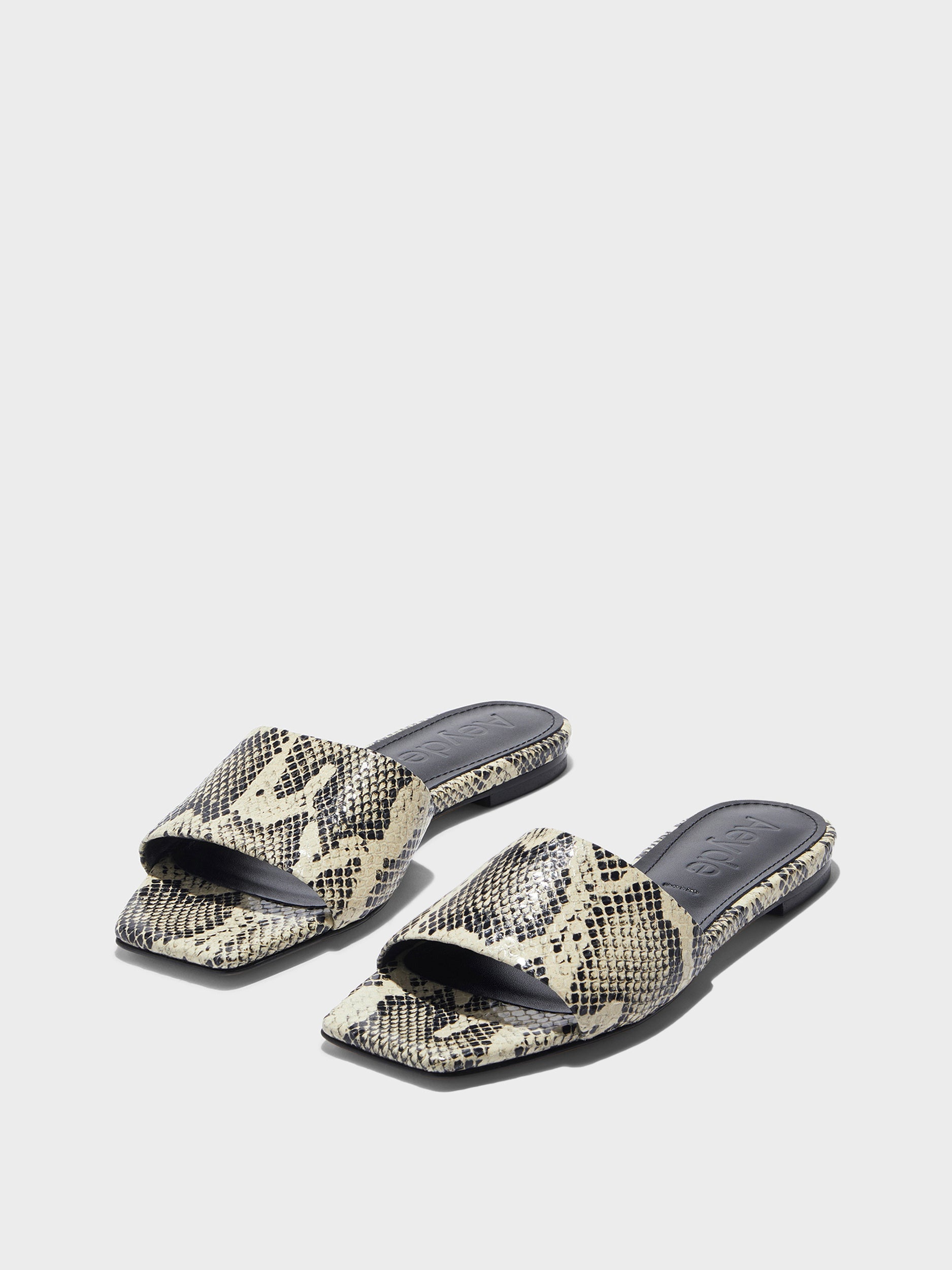 Aeyde | Anna Leather Flat Sandals for Women | Creamy Snake | Square Toe | Flat Heel | On Feet