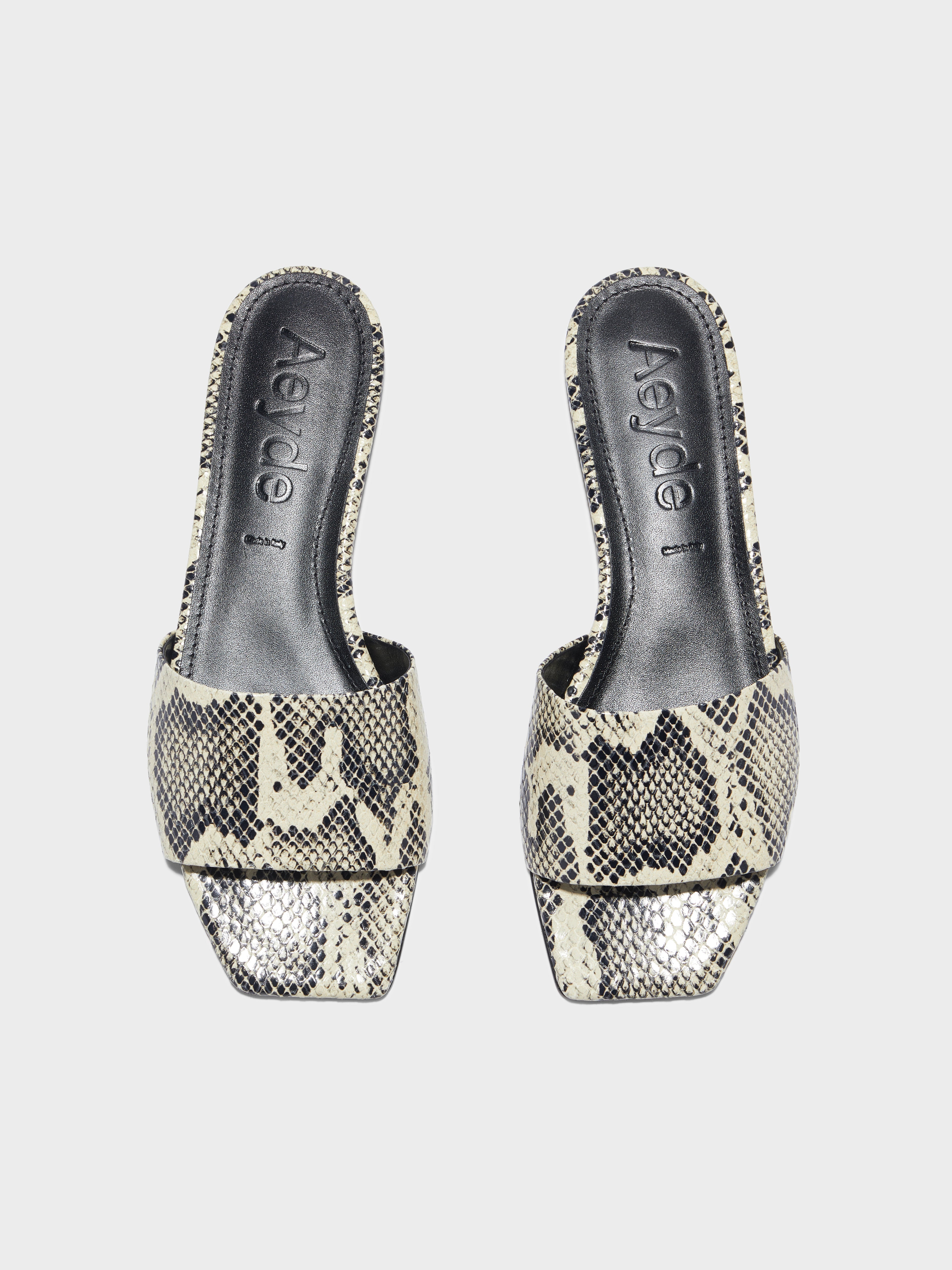 Aeyde | Anna Leather Flat Sandals for Women | Creamy Snake | Square Toe | Flat Heel | Luxury Materials | Handmade in Italy