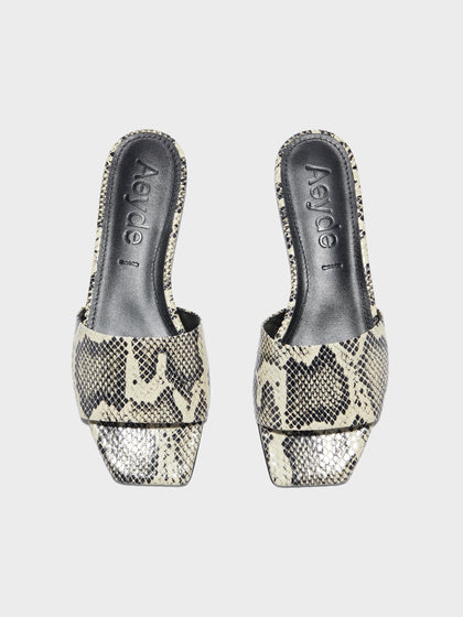 Aeyde | Anna Leather Flat Sandals for Women | Creamy Snake | Square Toe | Flat Heel | Luxury Materials | Handmade in Italy