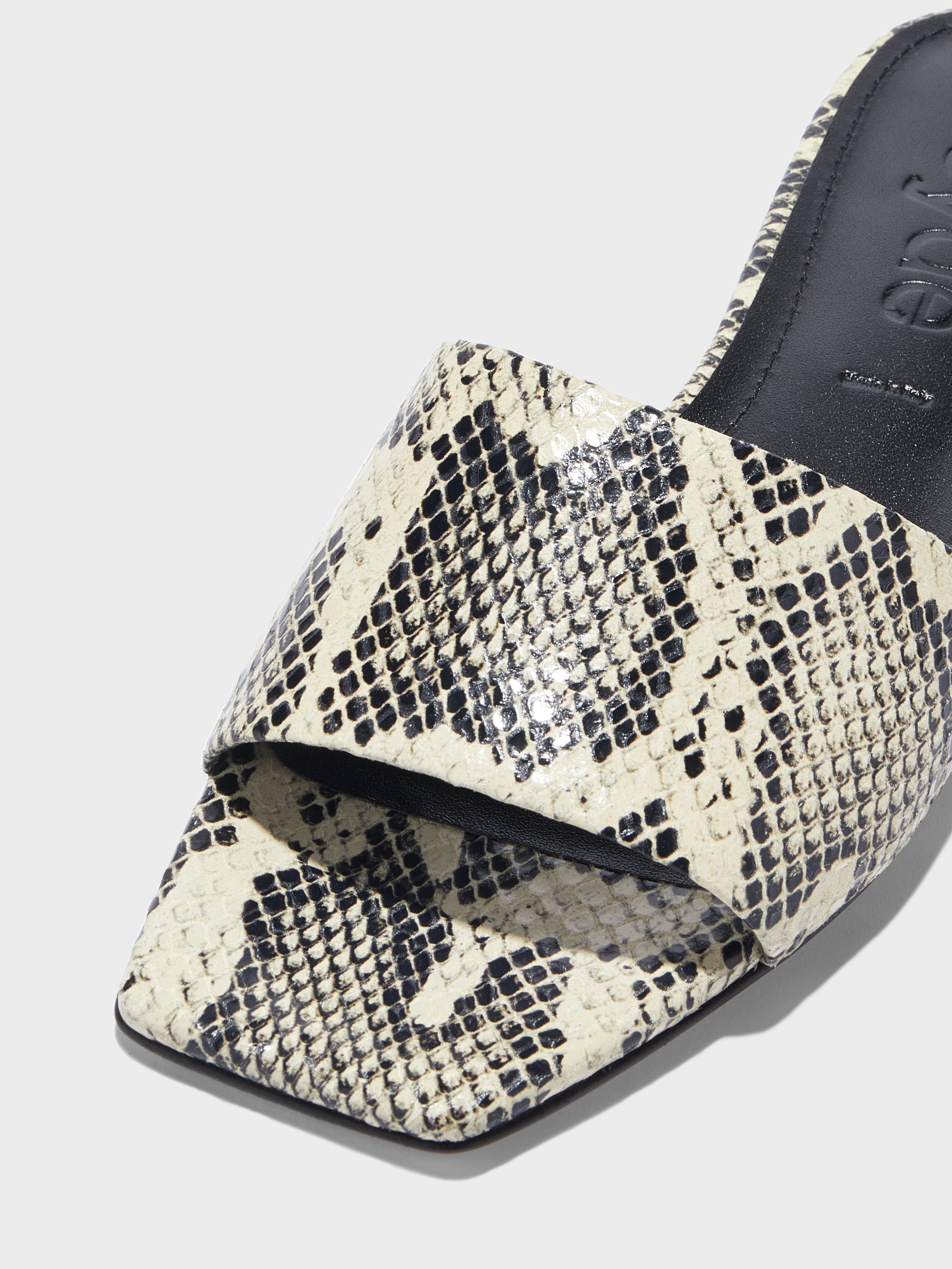 Aeyde | Anna Leather Flat Sandals for Women | Creamy Snake | Square Toe | Flat Heel | Heel Details