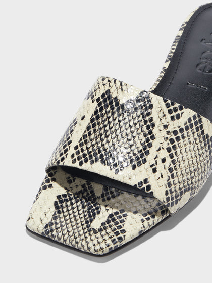 Aeyde | Anna Leather Flat Sandals for Women | Creamy Snake | Square Toe | Flat Heel | Heel Details
