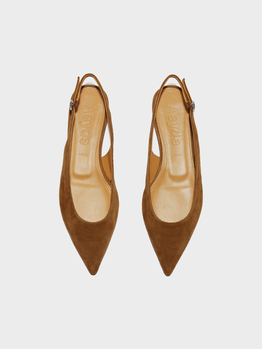 Aeyde | Annora Leather Flats for Women | Tobacco Suede | Pointed Toe | Flat Heel | Front View