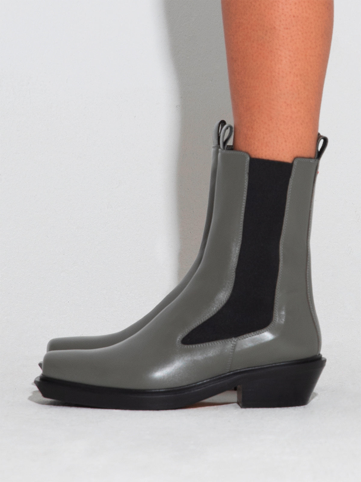 Aeyde | Antonia Leather Biker Boots Leather Ankle Boots for Women | Cement Calf | Square Toe | Low Heel | How to Style