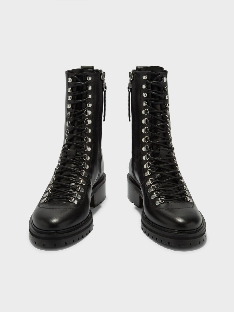 Aeyde | Aspen Leather Ankle Boots for Women | Black Calf | Round Toe | Low Heel | Front View