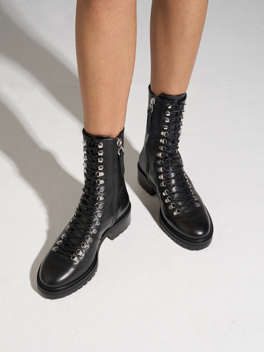 Aeyde | Aspen Leather Ankle Boots for Women | Black Calf | Round Toe | Low Heel | On Feet