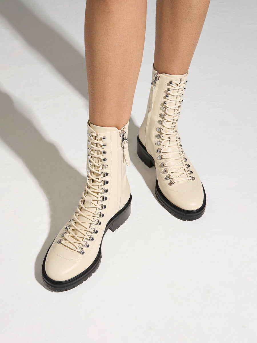 Aeyde | Aspen Leather Ankle Boots for Women | Creamy Calf | Round Toe | Low Heel | On Feet