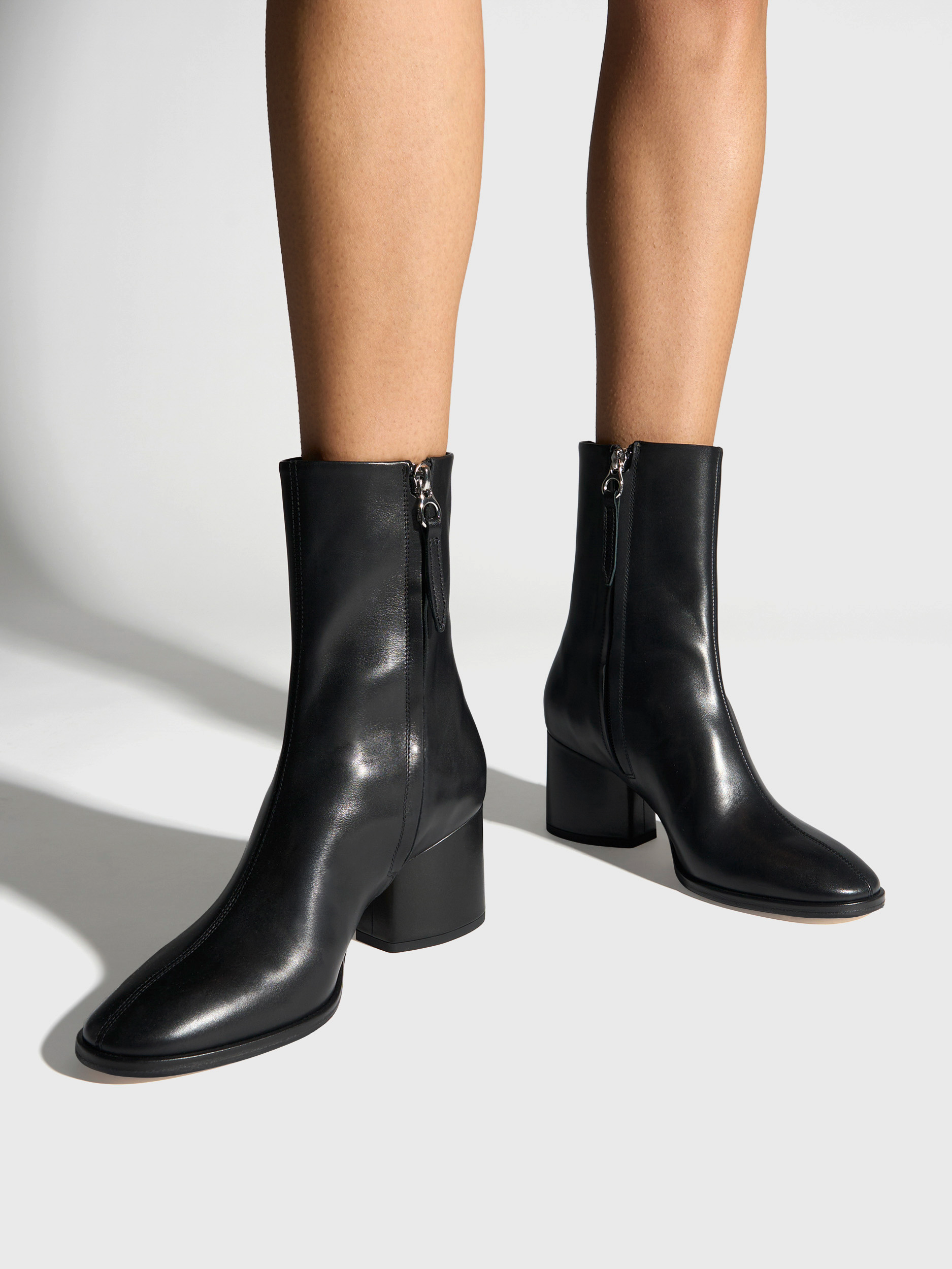 Aeyde | Ayla Leather Ankle Boots Leather Ankle Boots for Women | Black Calf | Round Toe | Mid Heel | On Feet