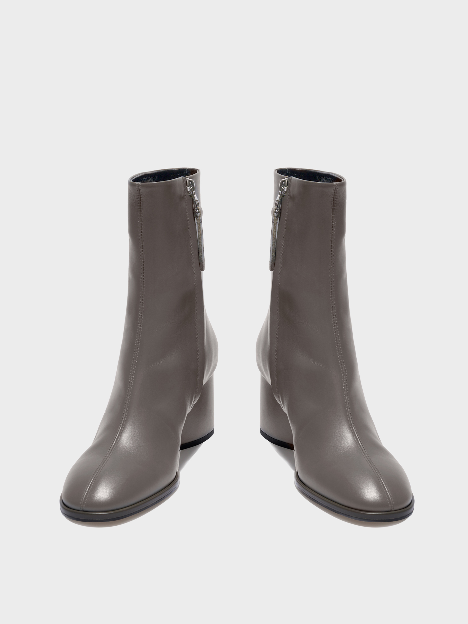 Aeyde | Ayla Leather Ankle Boots Leather Ankle Boots for Women | Taupe Calf | Round Toe | Mid Heel | Front View