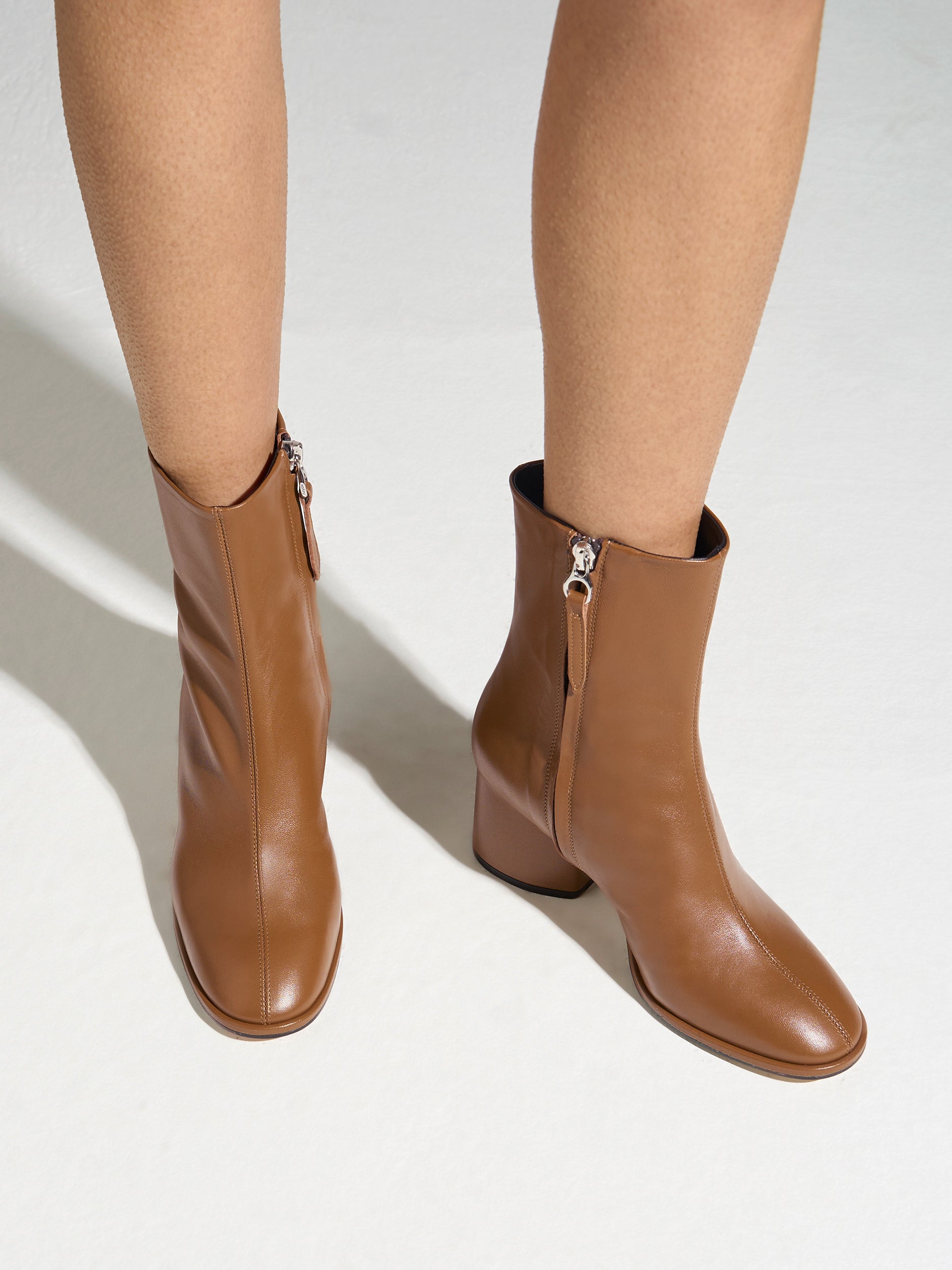 Aeyde | Ayla Leather Ankle Boots for Women | Tobacco Nappa | Round Toe | Mid Heel | On Feet