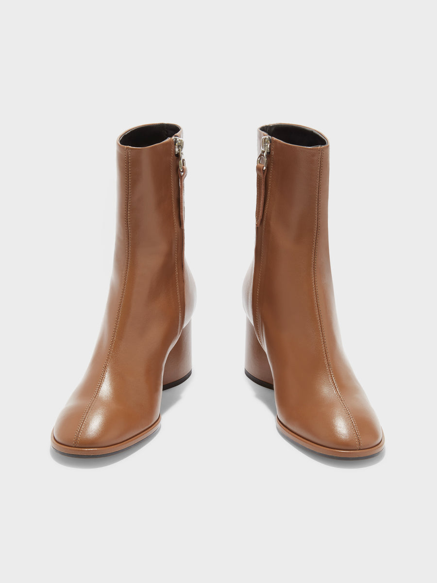 Aeyde | Ayla Leather Ankle Boots for Women | Tobacco Nappa | Round Toe | Mid Heel | Front View