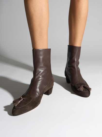 Aeyde | Betsy Tassel Ankle Boots Leather Ankle Boots for Women | Moka Nappa/Suede | Round Toe | Mid Heel | On Feet