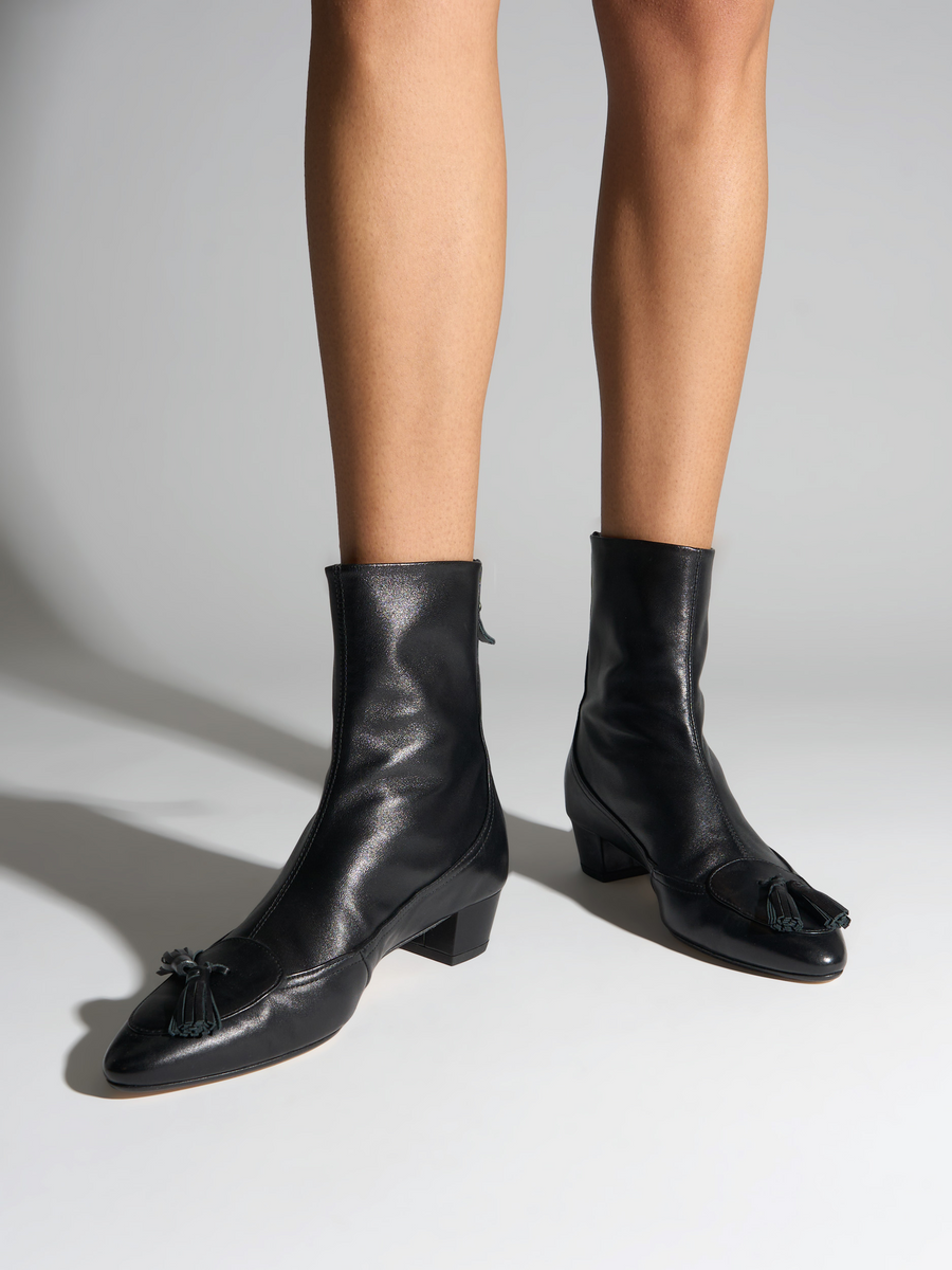 Aeyde | Betsy Tassel Ankle Boots Leather Ankle Boots for Women | Black Nappa | Round Toe | Mid Heel | On Feet