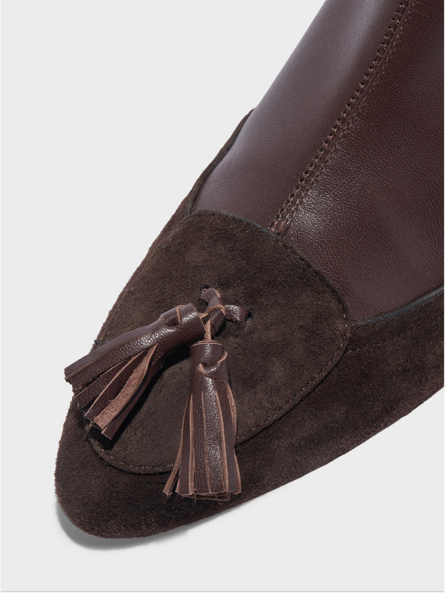 Aeyde | Betsy Tassel Ankle Boots Leather Ankle Boots for Women | Moka Nappa/Suede | Round Toe | Mid Heel | Heel Details