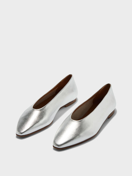 Aeyde | Betty Leather Square-Toe Ballet Flats Leather Flats, Ballerina for Women | Silver Nappa | Pointed Toe | Flat Heel | On Feet