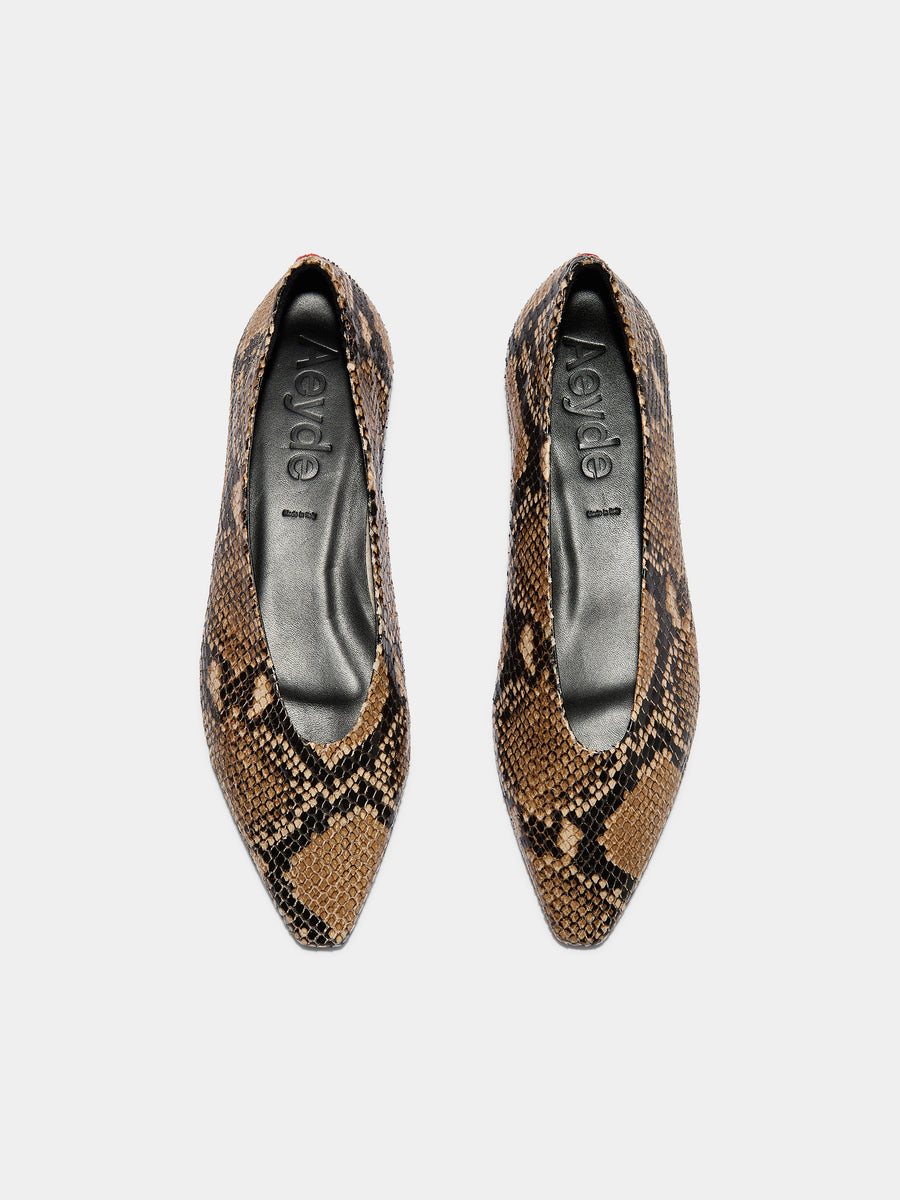 Aeyde | Betty Leather Flats for Women | Hazelnut Snake | Square Toe | Flat Heel | Front View