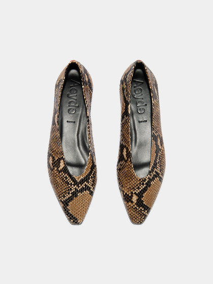 Aeyde | Betty Leather Flats for Women | Hazelnut Snake | Square Toe | Flat Heel | Front View