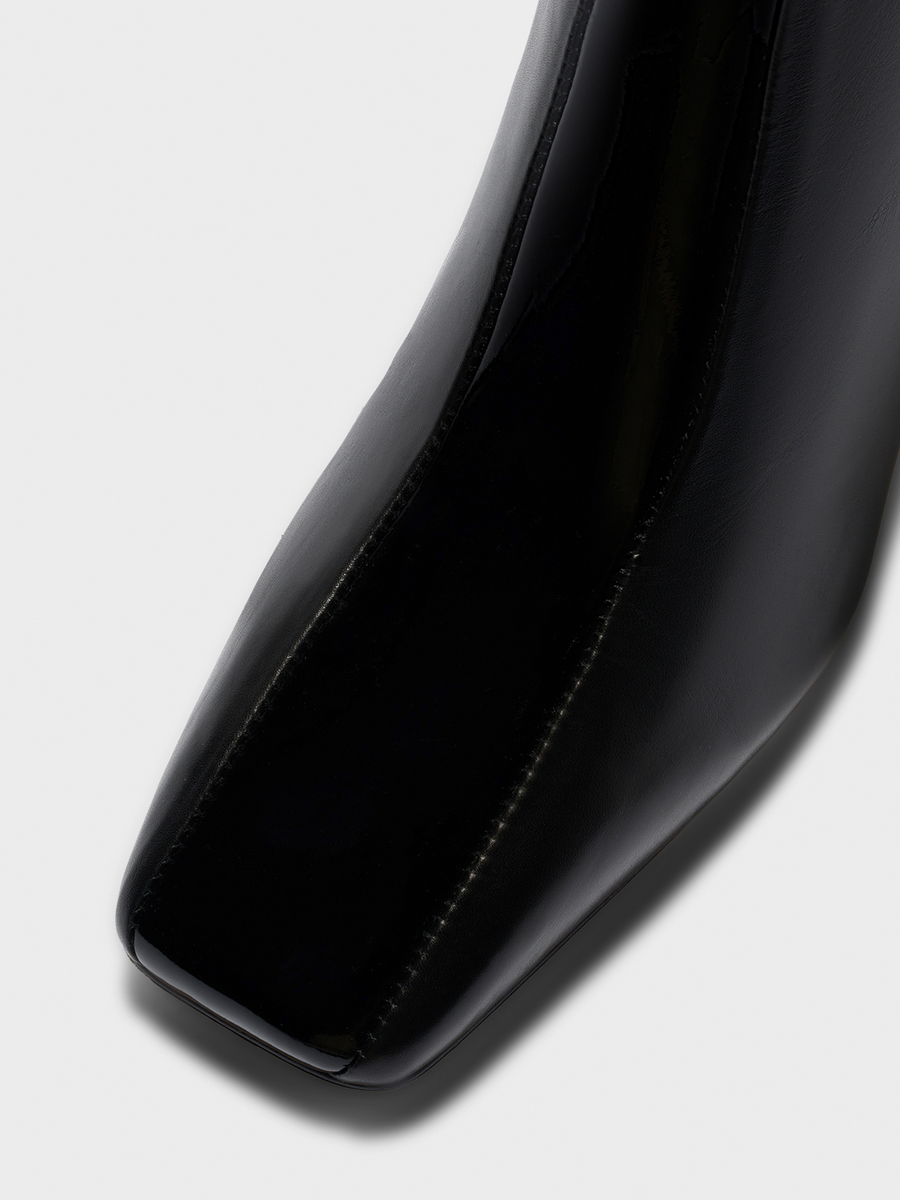 Aeyde | Bita Stripe Leather Knee High Boots for Women | Black Calf/Patent | Square Toe | Mid Heel | Front View