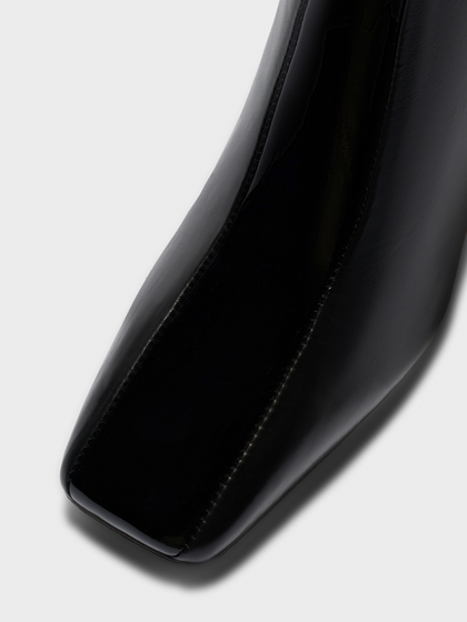 Aeyde | Bita Stripe Leather Knee High Boots for Women | Black Calf/Patent | Square Toe | Mid Heel | Front View