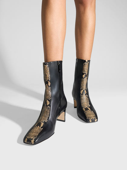 Aeyde | Billie Stripe Leather Ankle Boots for Women | Black/Hazelnut Calf/Snake | Square Toe | Mid Heel | On Feet