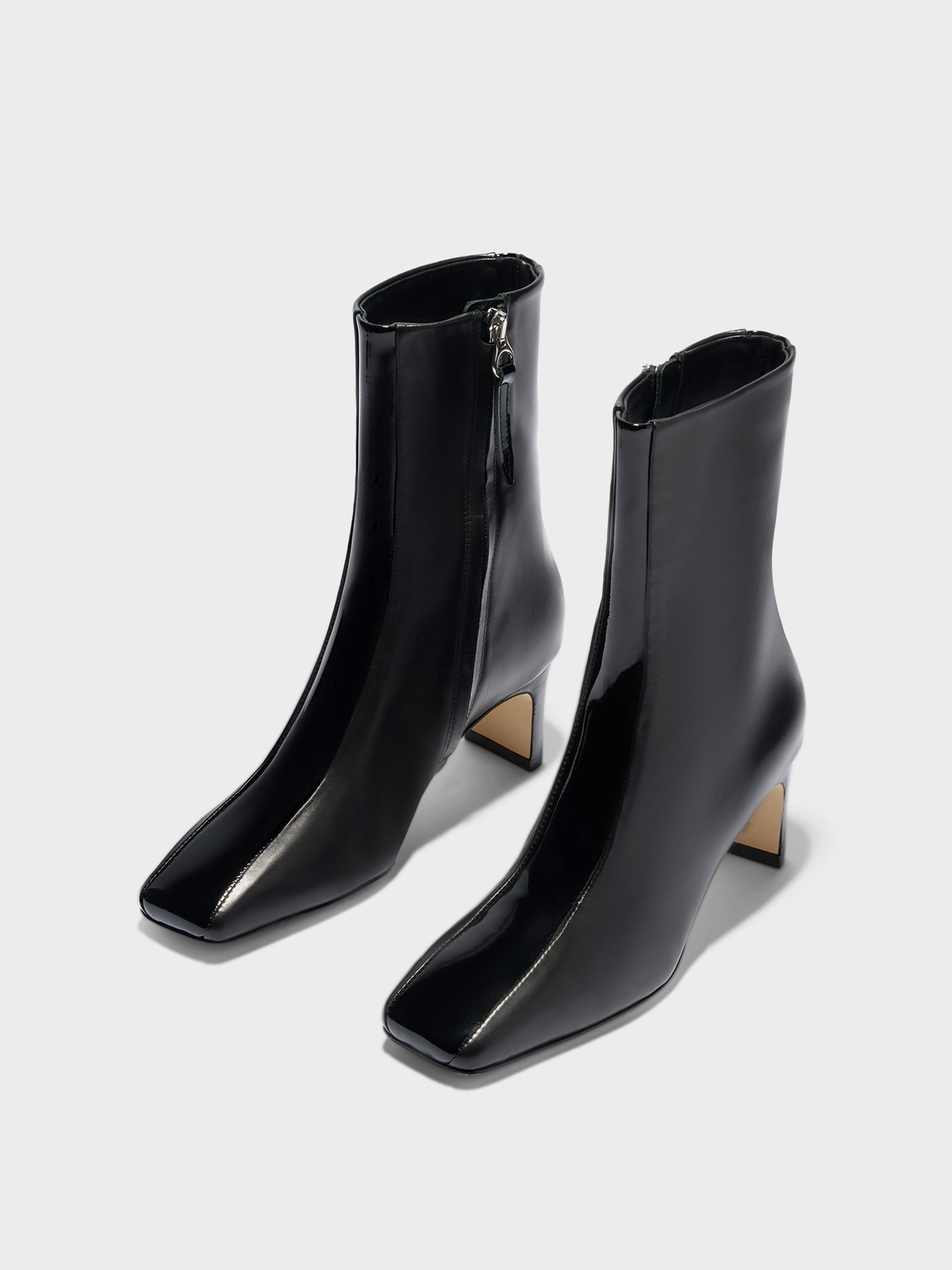 Aeyde | Billie Stripe Leather Ankle Boots for Women | Black Calf/Patent | Square Toe | Mid Heel | Luxury Materials | Handmade in Italy