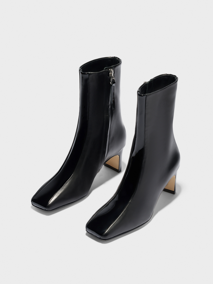 Aeyde | Billie Stripe Leather Ankle Boots for Women | Black Calf/Patent | Square Toe | Mid Heel | Luxury Materials | Handmade in Italy