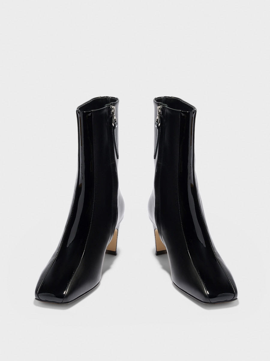 Aeyde | Billie Stripe Leather Ankle Boots for Women | Black Calf/Patent | Square Toe | Mid Heel | Heel Details