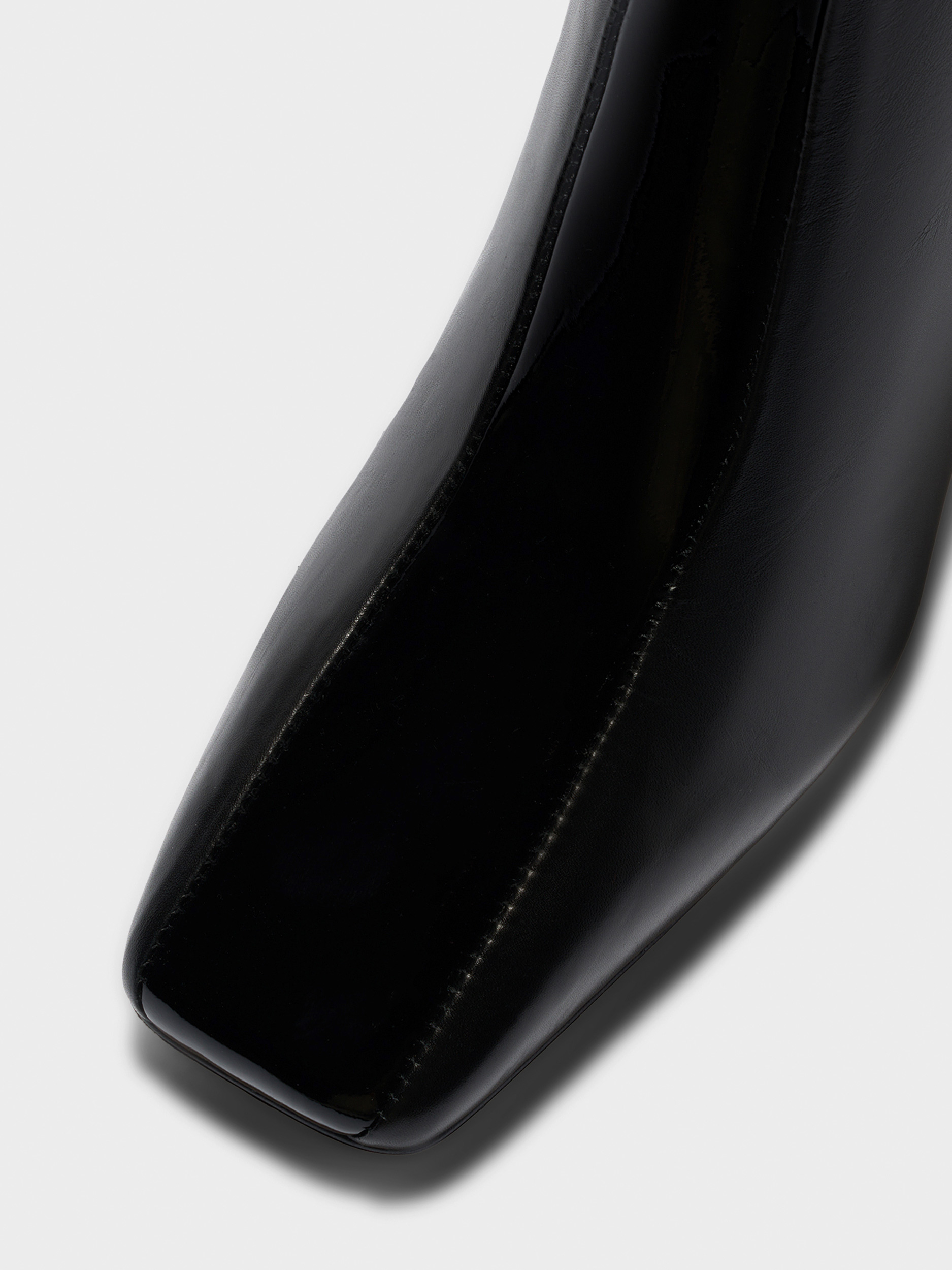 Aeyde | Billie Stripe Leather Ankle Boots for Women | Black Calf/Patent | Square Toe | Mid Heel | Front View