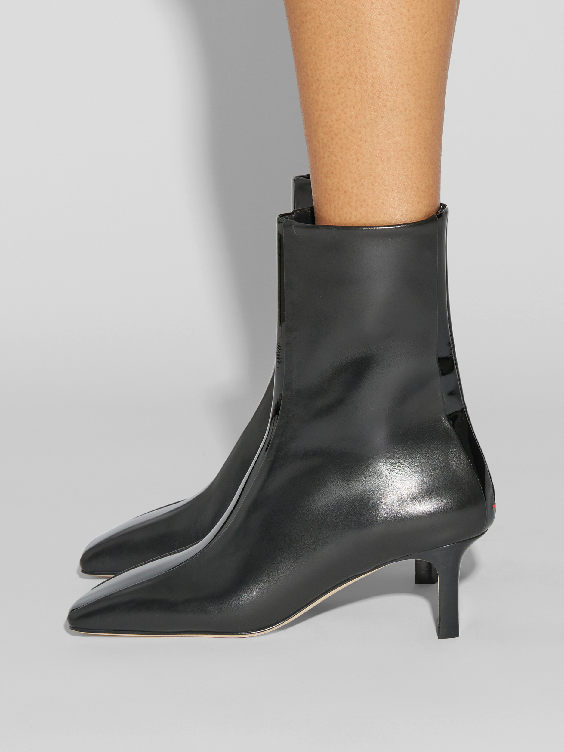 Aeyde | Billie Stripe Leather Ankle Boots for Women | Black Calf/Patent | Square Toe | Mid Heel | How to Style