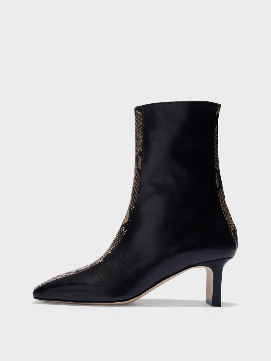 Aeyde | Billie Stripe Leather Ankle Boots for Women | Black/Hazelnut Calf/Snake | Square Toe | Mid Heel | Side View