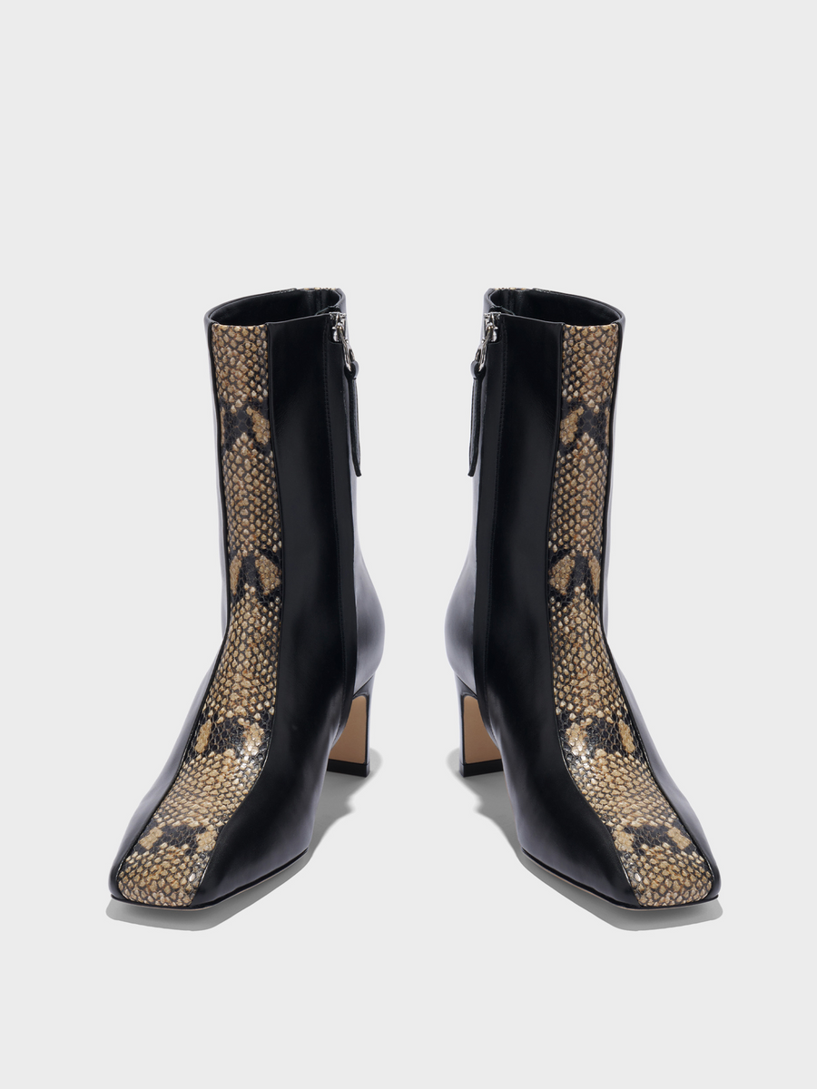 Aeyde | Billie Stripe Leather Ankle Boots for Women | Black/Hazelnut Calf/Snake | Square Toe | Mid Heel | Heel Details
