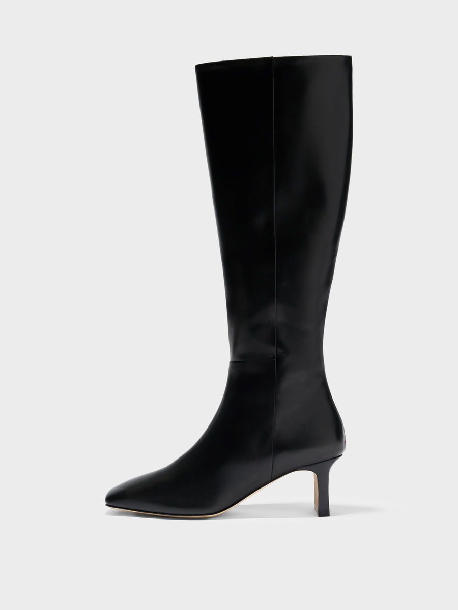 Aeyde | Bita Knee-High Boots Leather Knee High Boots for Women | Black Calf | Square Toe | Mid Heel | Side View