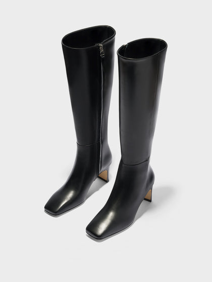 Aeyde | Bita Knee-High Boots Leather Knee High Boots for Women | Black Calf | Square Toe | Mid Heel | Luxury Materials | Handmade in Italy