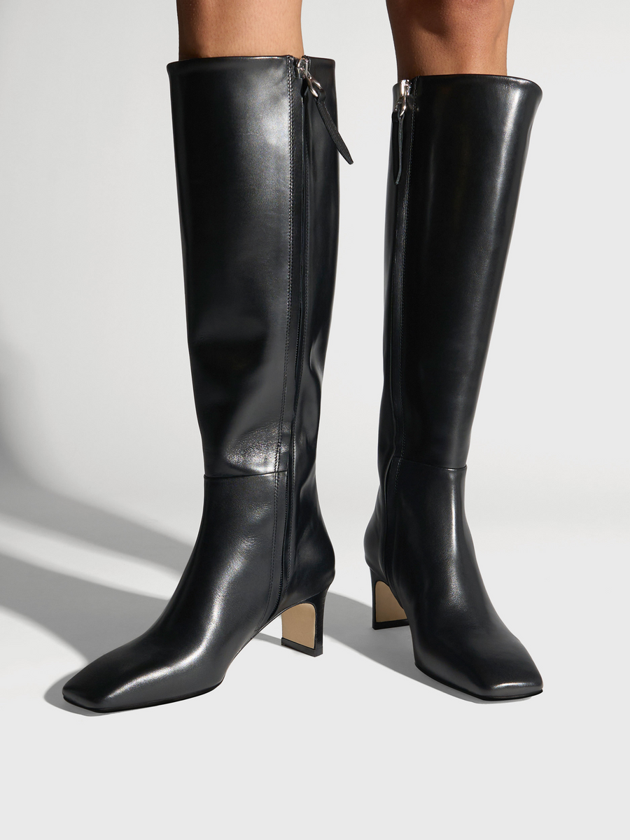 Aeyde | Bita Knee-High Boots Leather Knee High Boots for Women | Black Calf | Square Toe | Mid Heel | On Feet